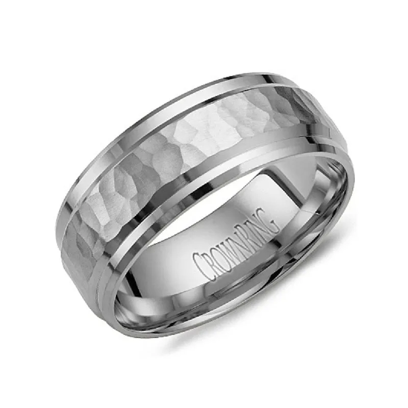 10K White Gold (8mm) Frosted Hammered Center and Beveled High Polished Sides Wedding Band