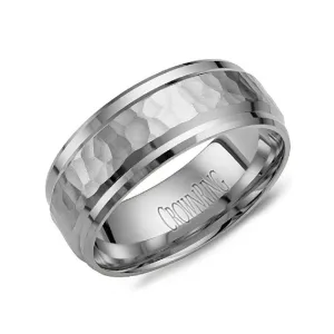 10K White Gold (8mm) Frosted Hammered Center and Beveled High Polished Sides Wedding Band