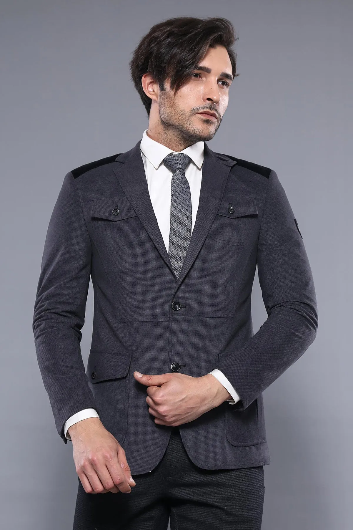 2 Button Bag Pocket Velvet Grey Jacket-Wessi