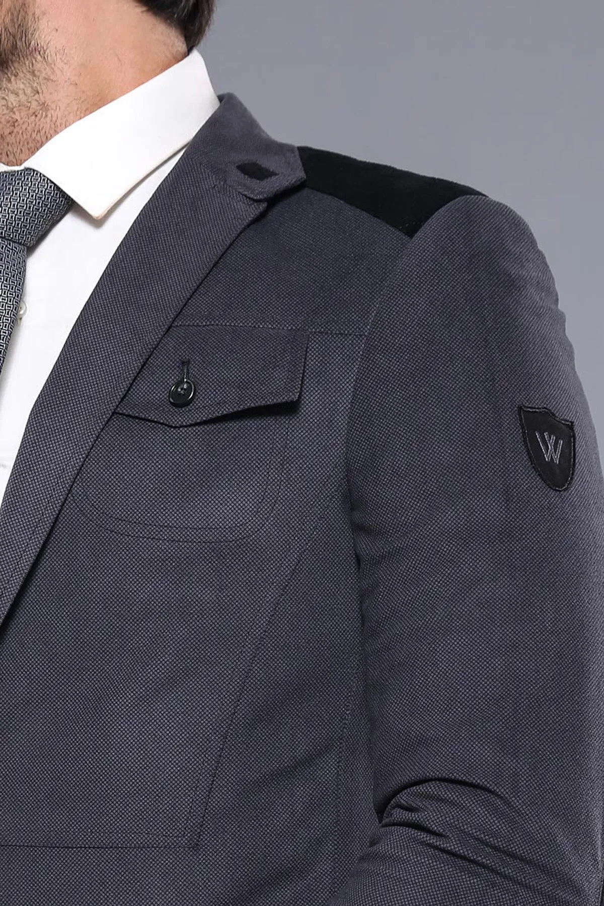 2 Button Bag Pocket Velvet Grey Jacket-Wessi