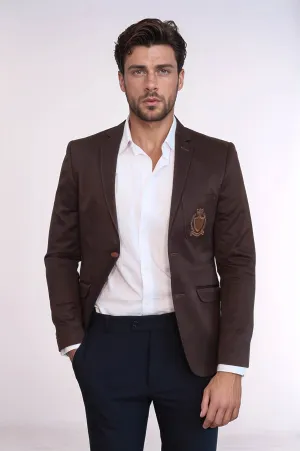 2 Buttons 3 Pockets Crested Cotton Brown Jacket