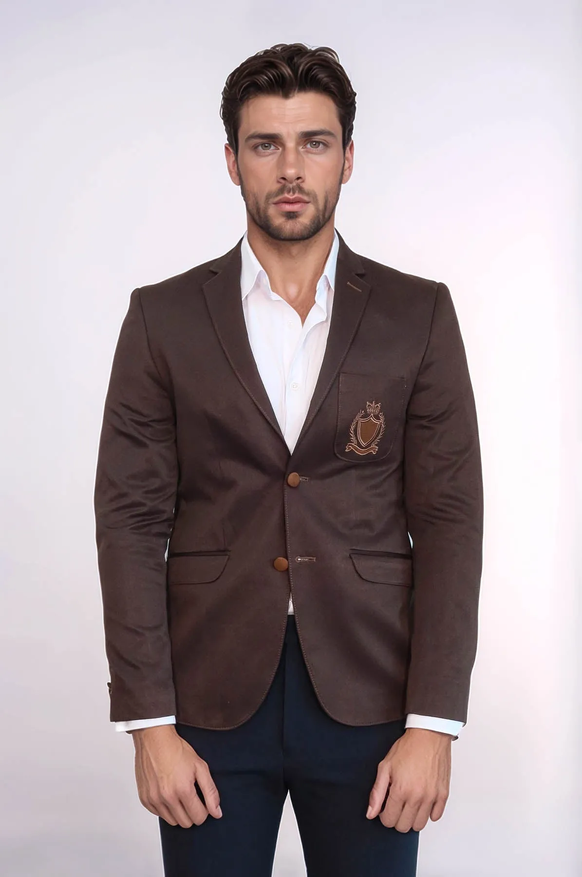 2 Buttons 3 Pockets Crested Cotton Brown Jacket