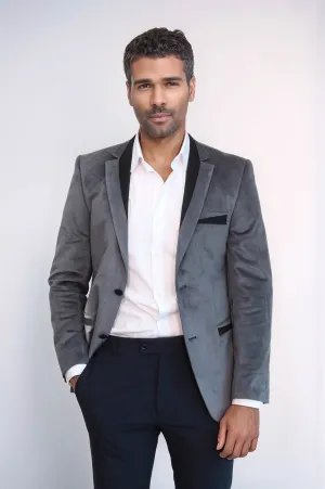 2 Buttons Pocket Piping Velvet Grey Jacket