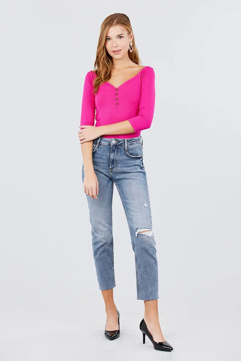3/4 Short Sleeve Button Down Detail Heavy Rib Knit Top