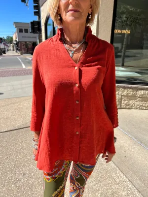 3/4 Sleeve Wire Collar Button Front Shirt - Spice