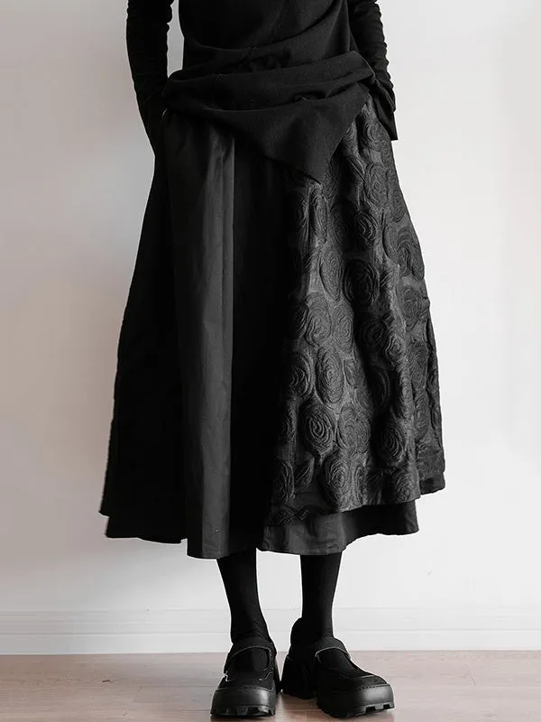 A-Line Loose Double Layered Elasticity Jacquard Solid Color Split-Joint Skirts Bottoms