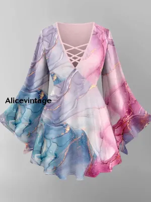 Abstract Color Art Print V-Neck Long Sleeve Top