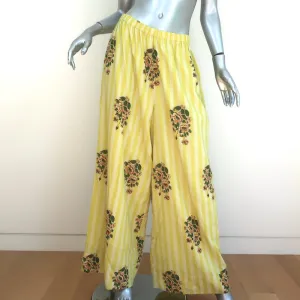 Alix of Bohemia Margie Wide Leg Pants Yellow Floral Striped Cotton Size Large