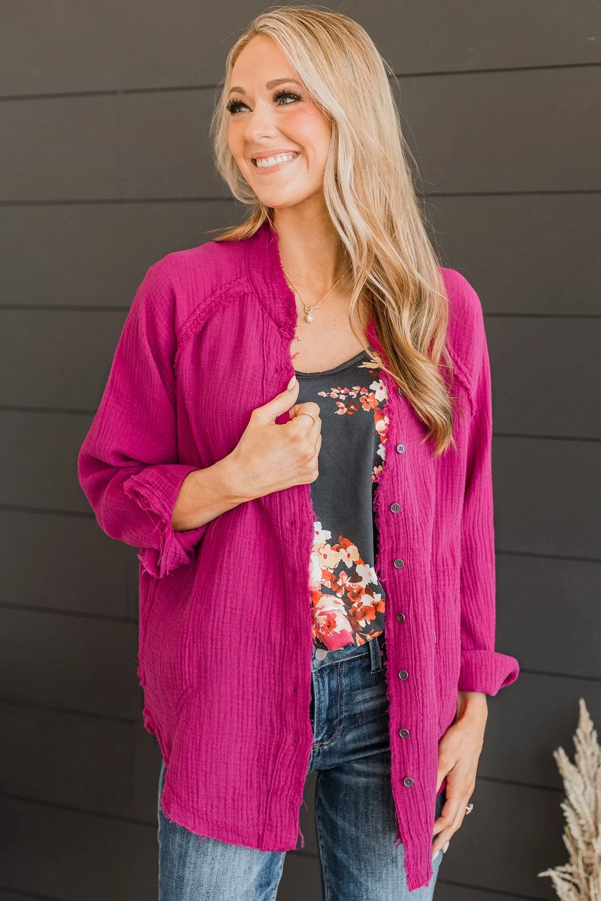 All Around Amazed Button Top- Magenta