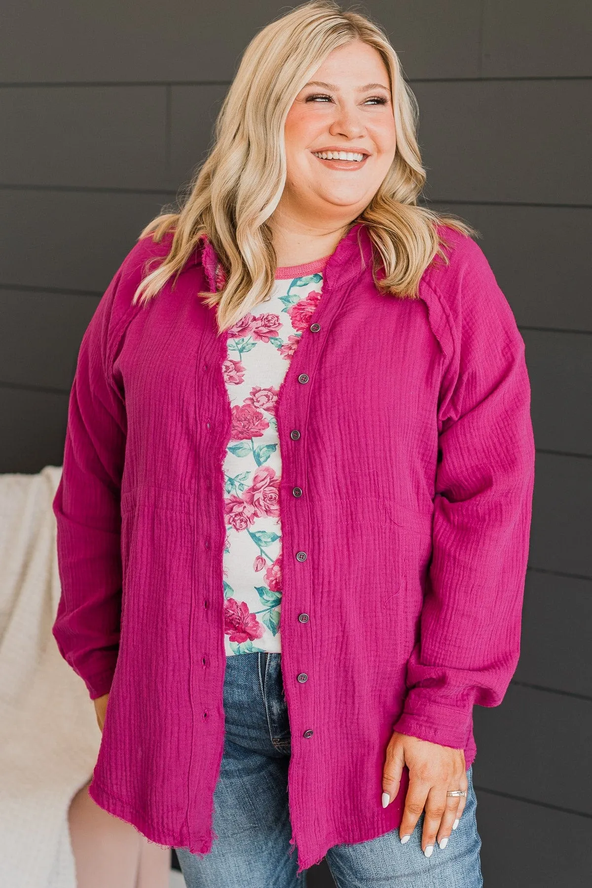 All Around Amazed Button Top- Magenta