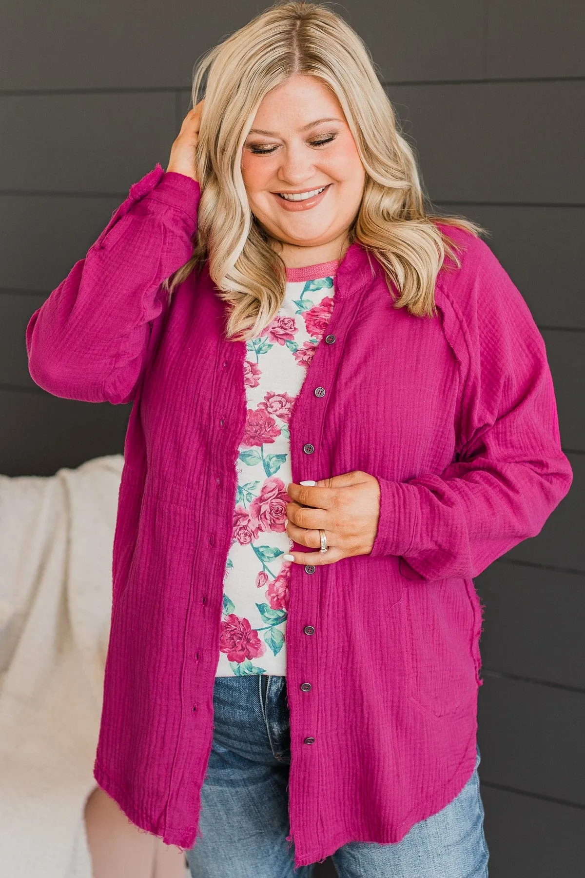 All Around Amazed Button Top- Magenta