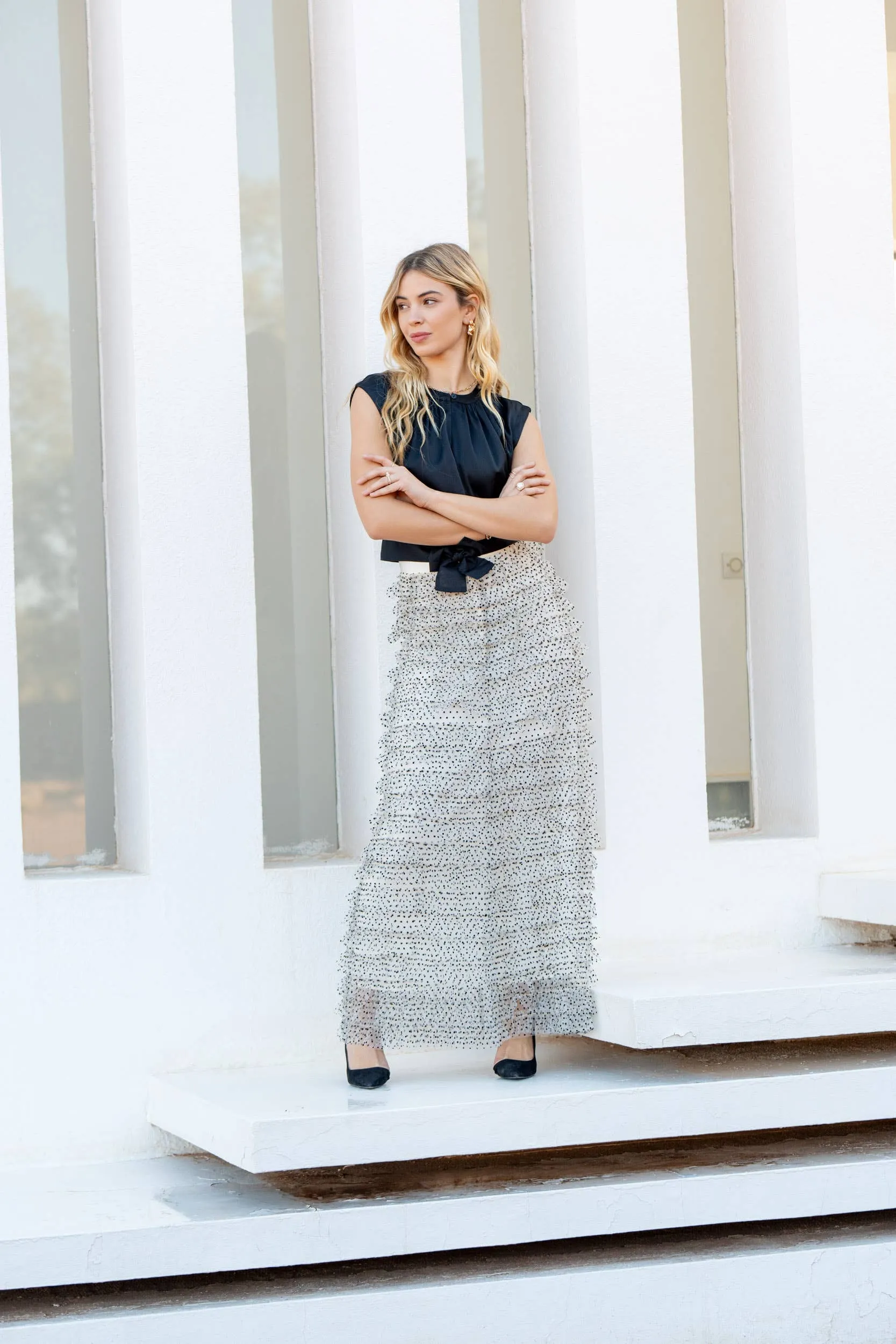 Alma Long Skirt in Polka Dot Tulle with Ruffles