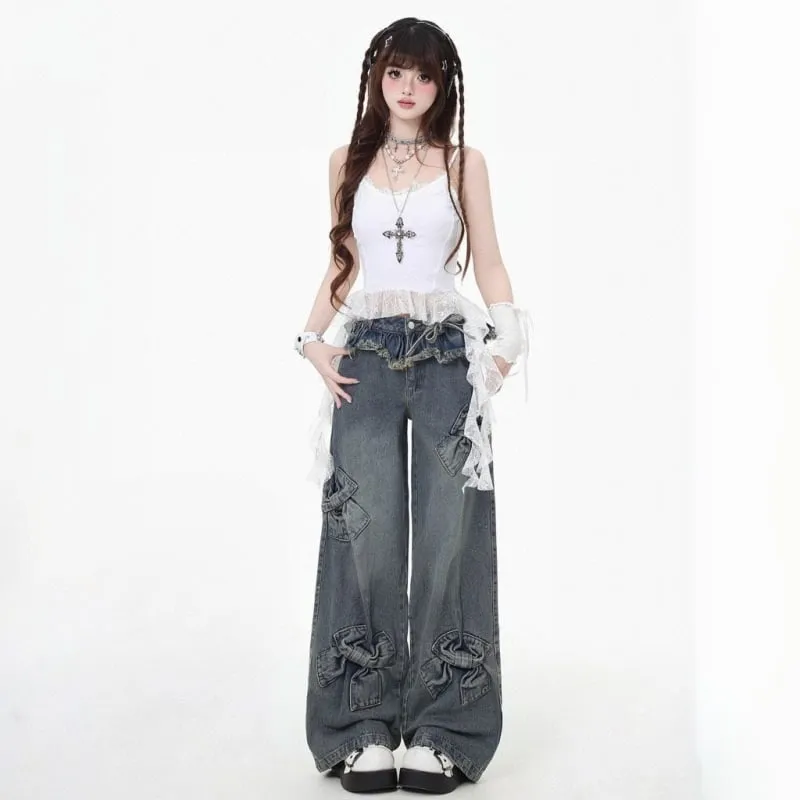 American Retro Bow High Waist Wide Leg Jeans