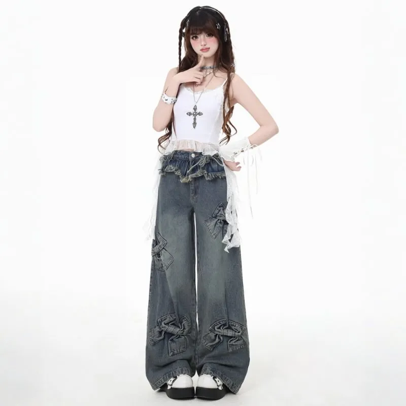 American Retro Bow High Waist Wide Leg Jeans