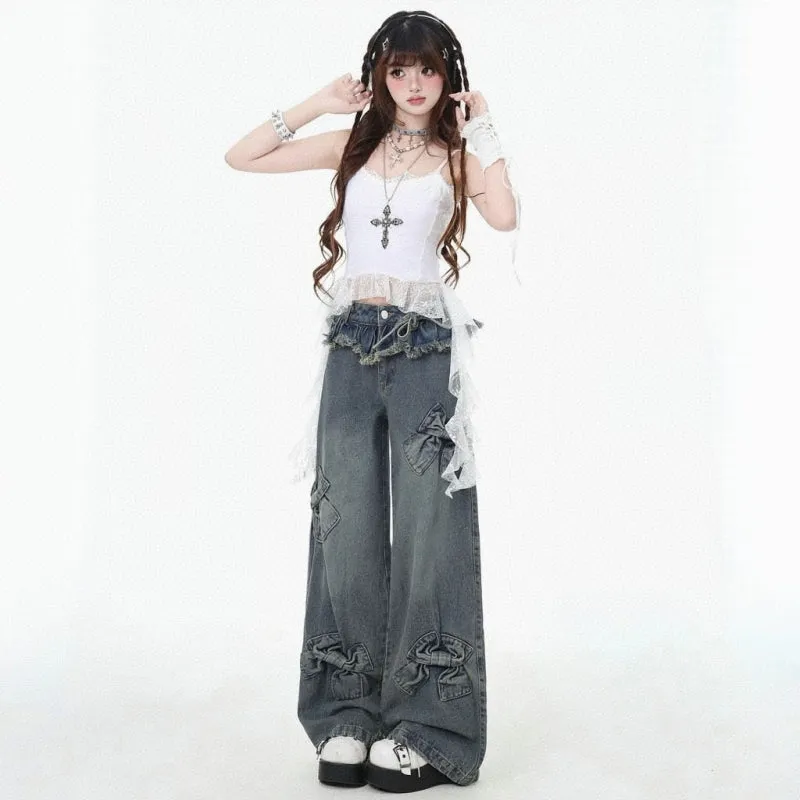 American Retro Bow High Waist Wide Leg Jeans