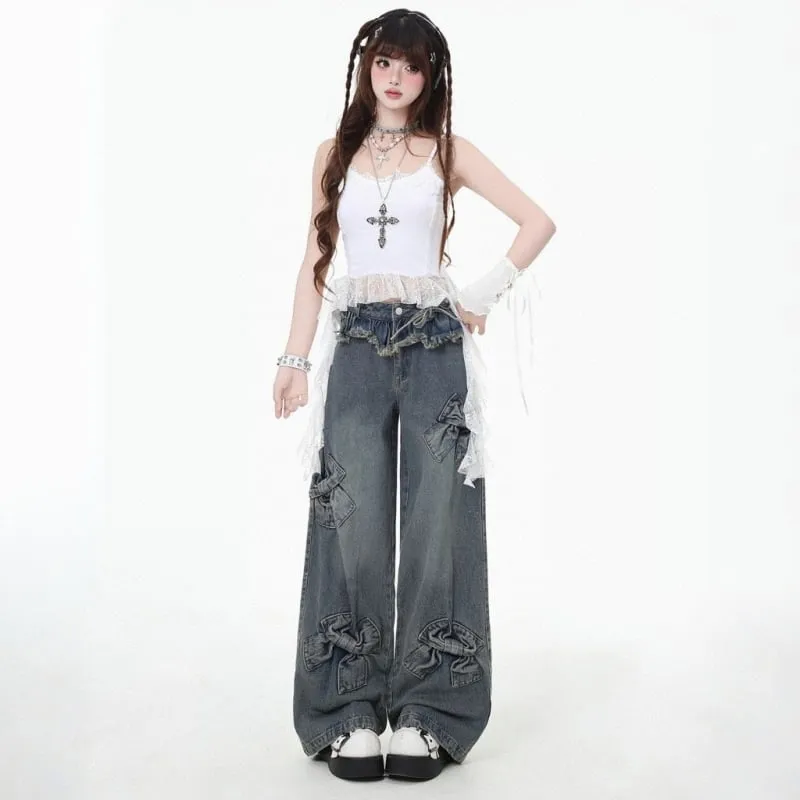 American Retro Bow High Waist Wide Leg Jeans