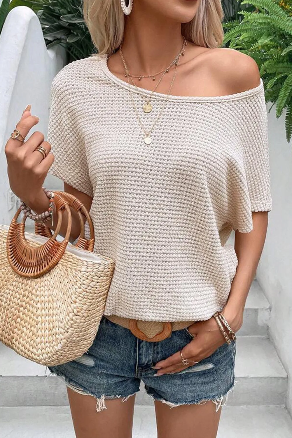 Apricot Draped Open Back Textured Tee