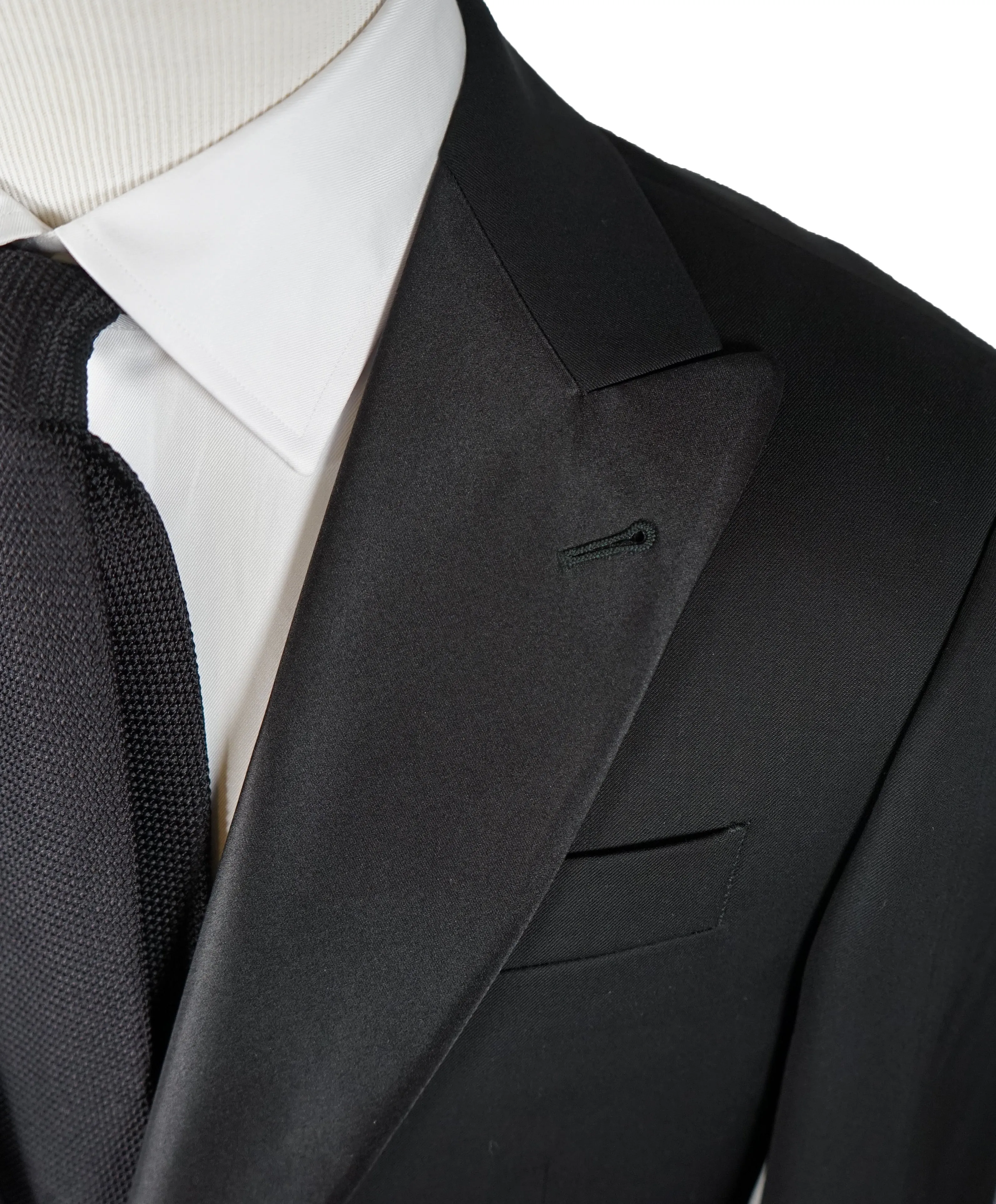 ARMANI COLLEZIONI -Wide Peak Lapel “G Line” Black Satin Detailed Tuxedo - 38S