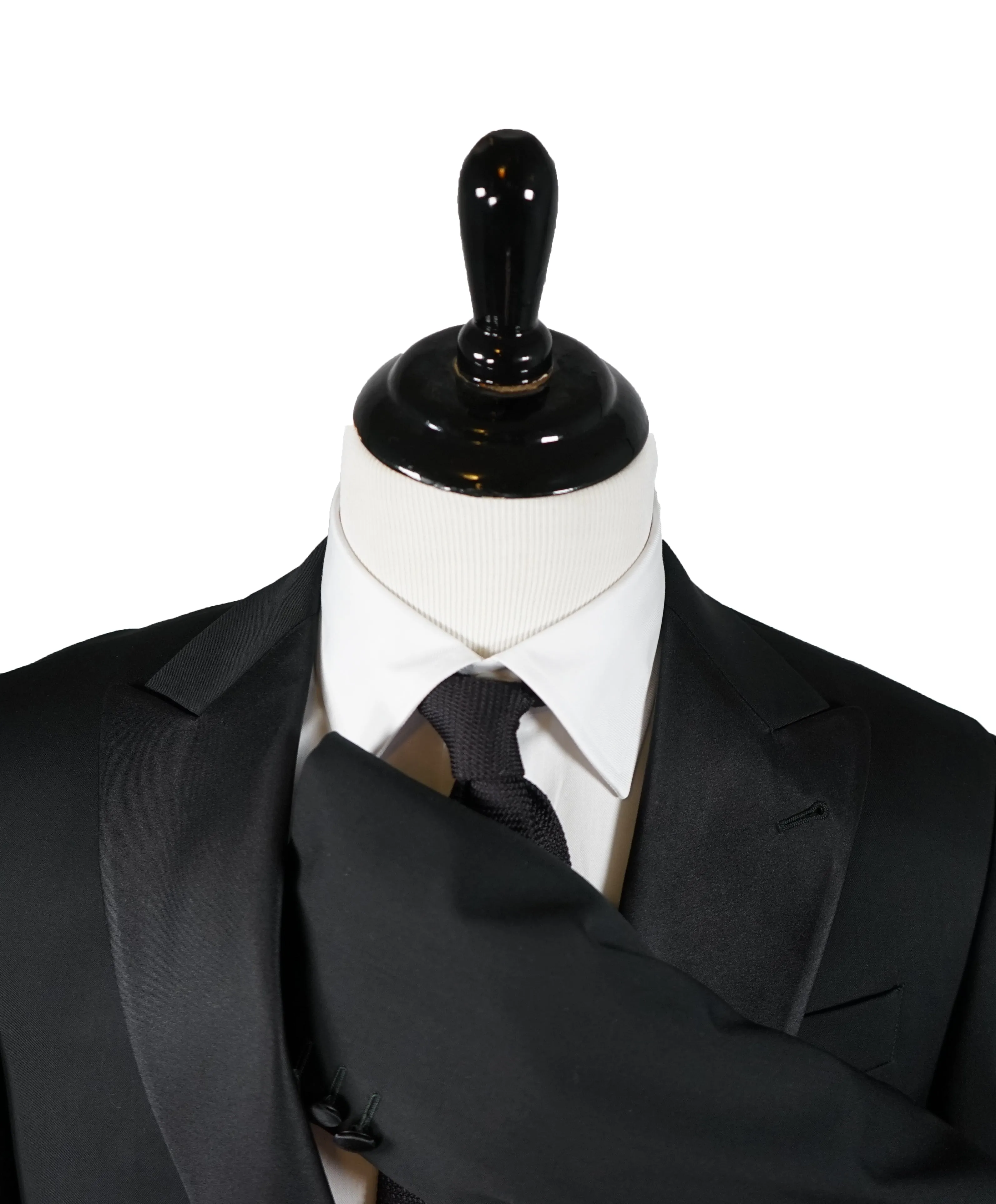 ARMANI COLLEZIONI -Wide Peak Lapel “G Line” Black Satin Detailed Tuxedo - 38S