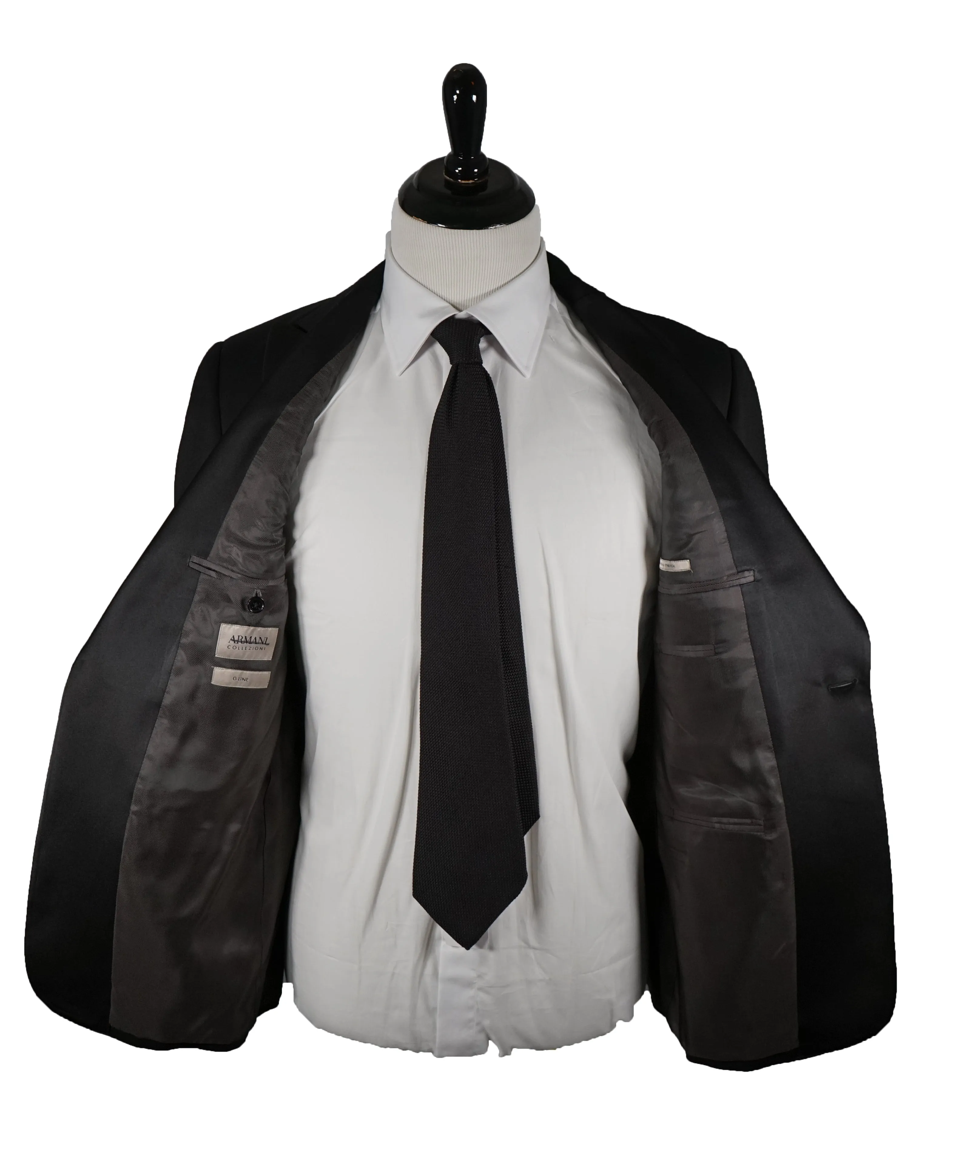 ARMANI COLLEZIONI -Wide Peak Lapel “G Line” Black Satin Detailed Tuxedo - 38S