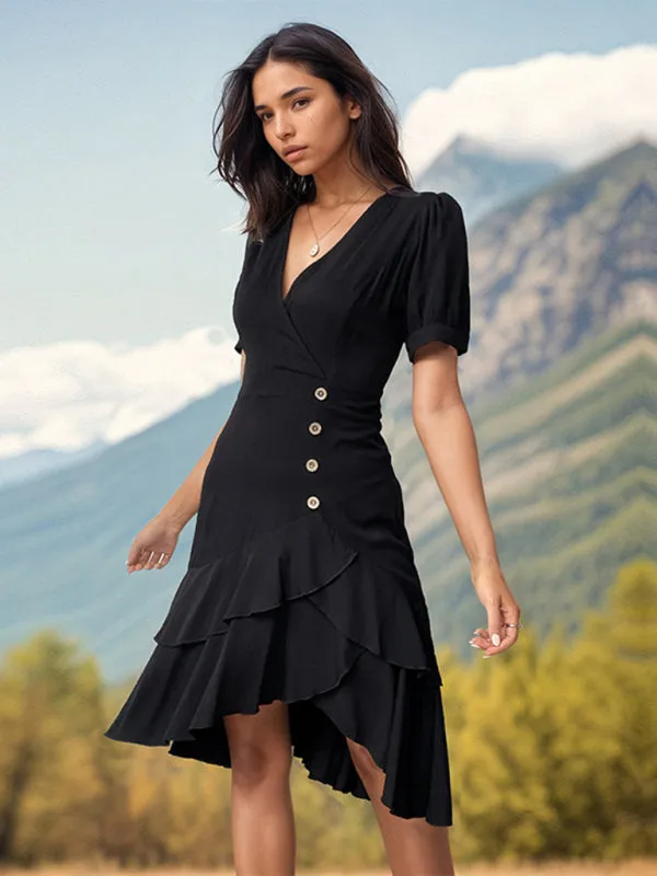 Asymmetrical Hem Wrap-Style Dress with Ruffle Layers