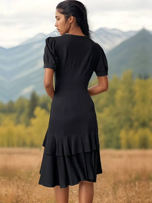 Asymmetrical Hem Wrap-Style Dress with Ruffle Layers