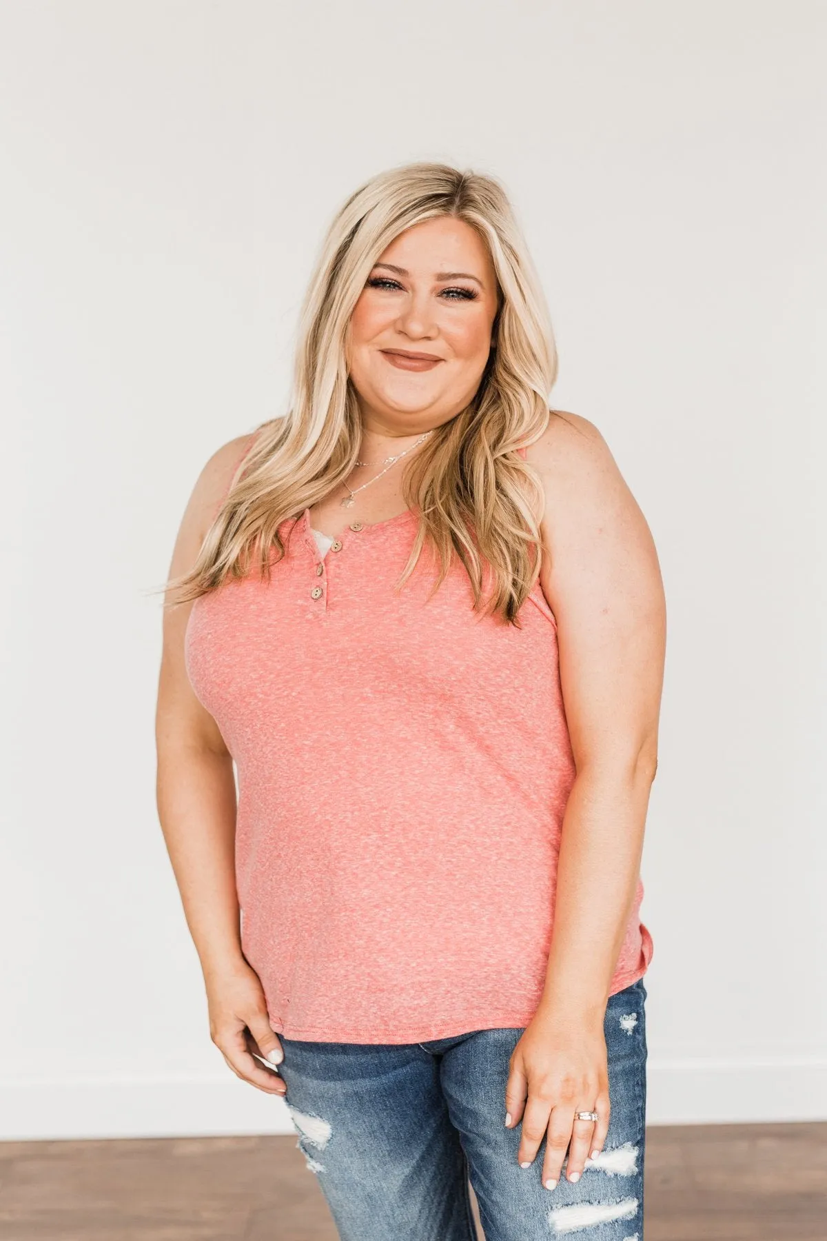 Authentically Me Button Tank Top- Coral