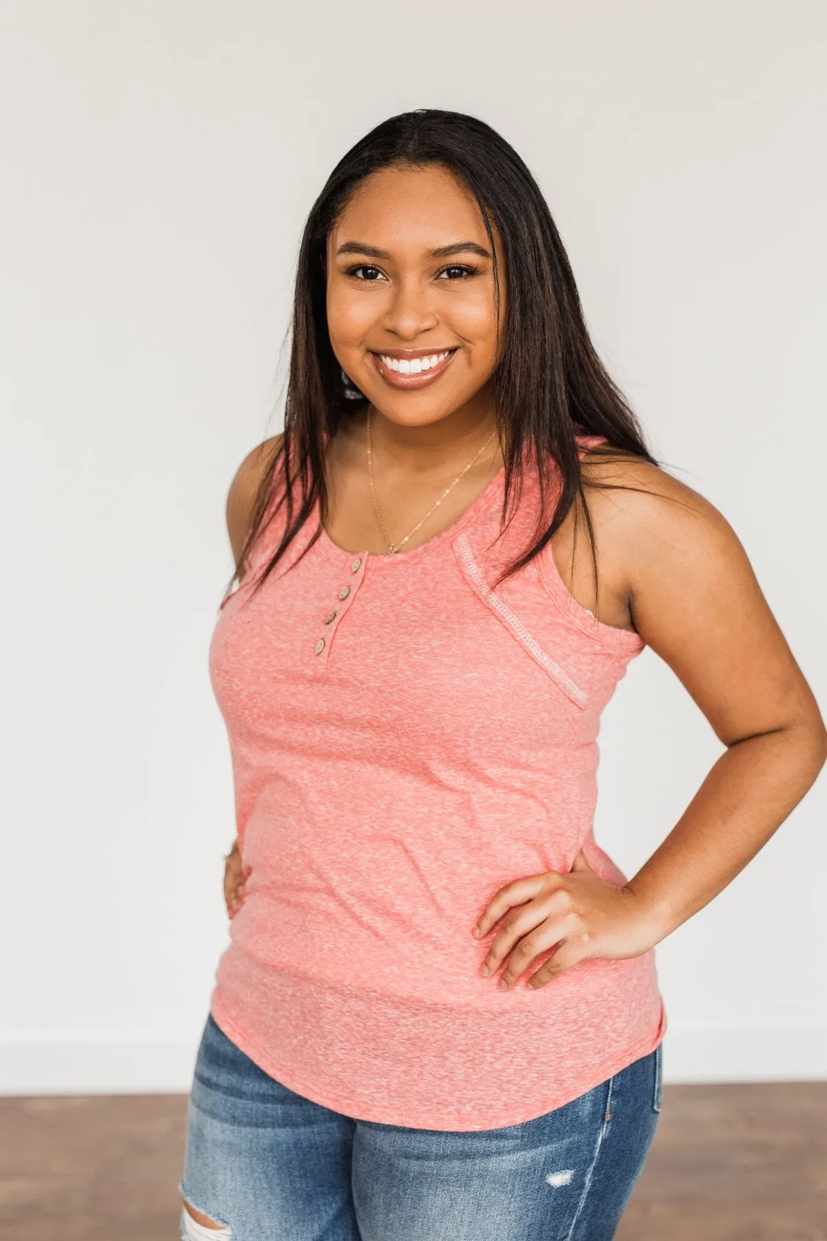 Authentically Me Button Tank Top- Coral