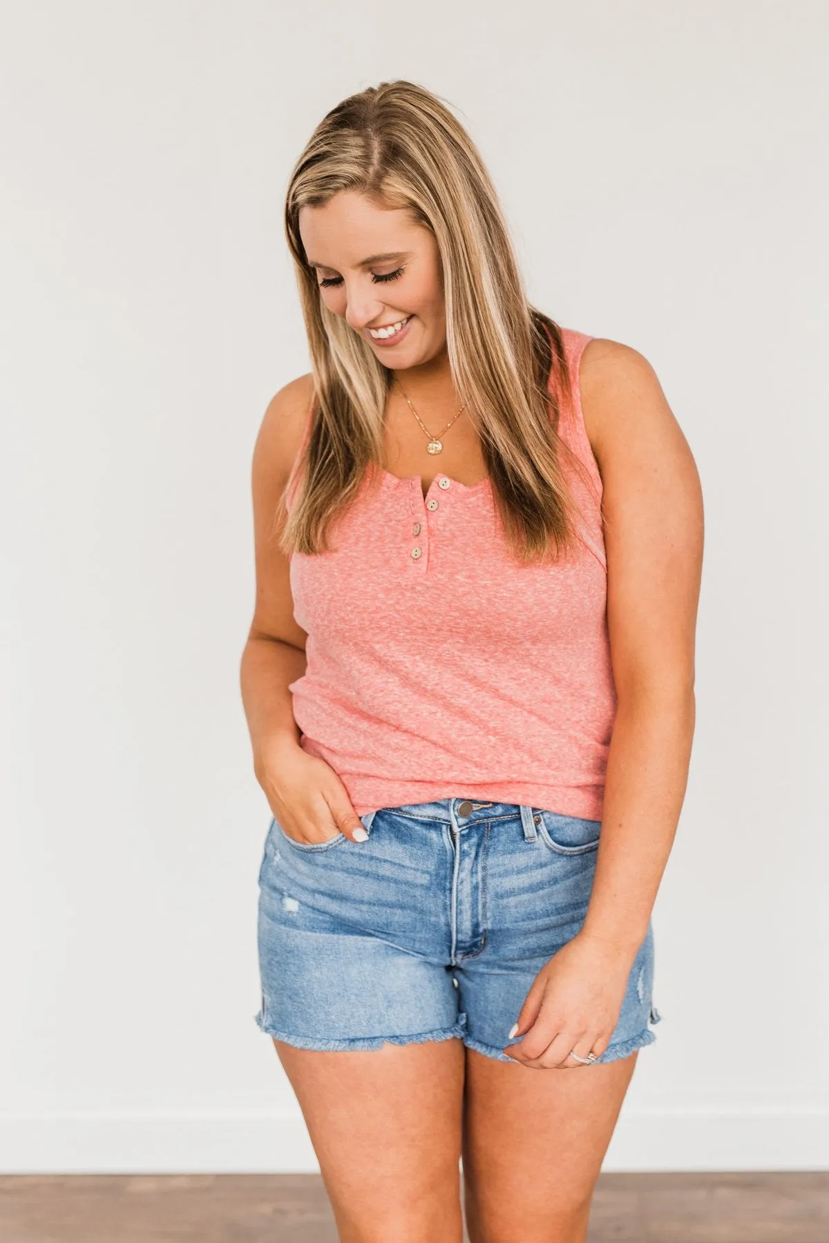 Authentically Me Button Tank Top- Coral