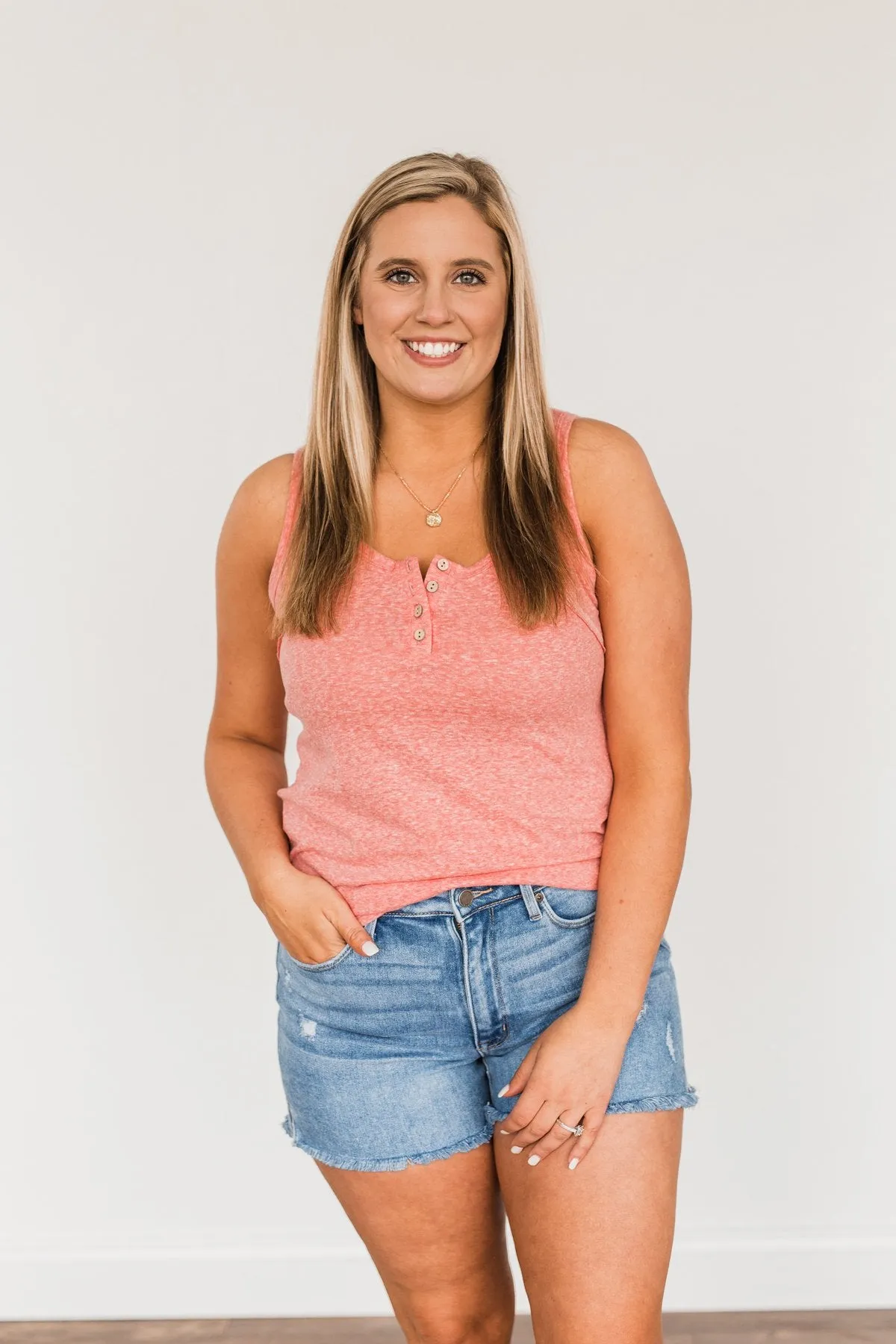 Authentically Me Button Tank Top- Coral