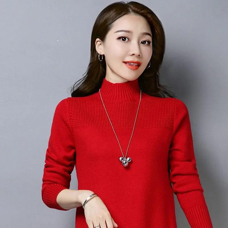 Autumn and Winter Half High Neck Pullover Sweater In The Long Section Loose Thick Bottoming Shirt Simple Solid Color Women's Sweater Dress