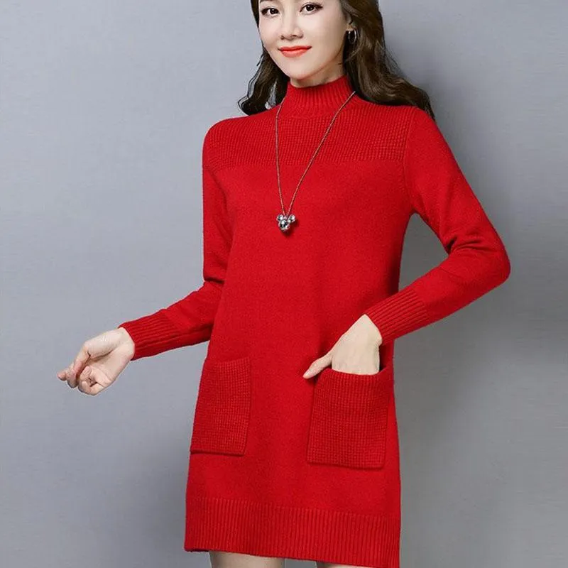 Autumn and Winter Half High Neck Pullover Sweater In The Long Section Loose Thick Bottoming Shirt Simple Solid Color Women's Sweater Dress