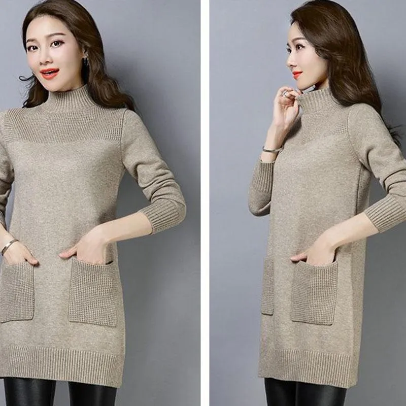 Autumn and Winter Half High Neck Pullover Sweater In The Long Section Loose Thick Bottoming Shirt Simple Solid Color Women's Sweater Dress