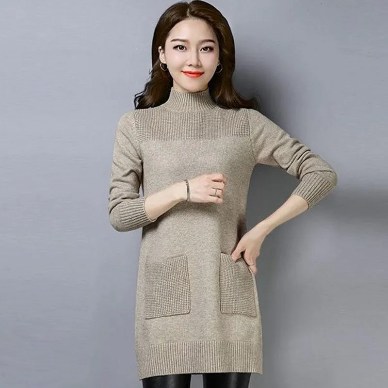 Autumn and Winter Half High Neck Pullover Sweater In The Long Section Loose Thick Bottoming Shirt Simple Solid Color Women's Sweater Dress
