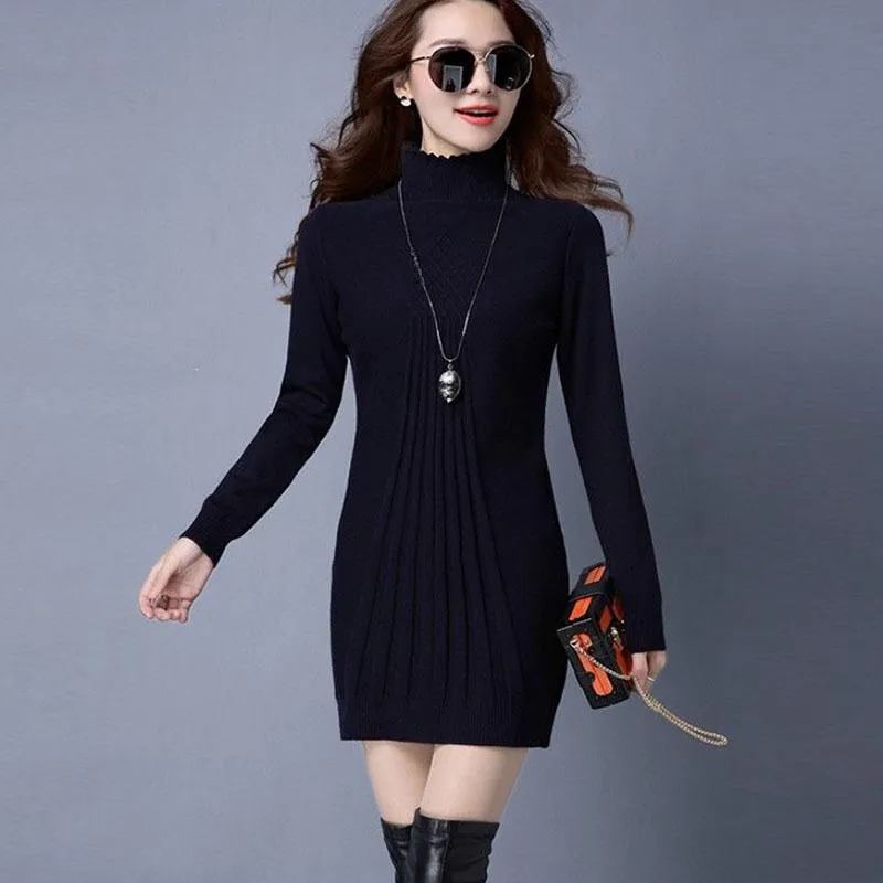 Autumn and Winter Long Solid Color Dress Half High Neck Slim Long Sleeve Sweater Fashion Solid Color Female Base Dress