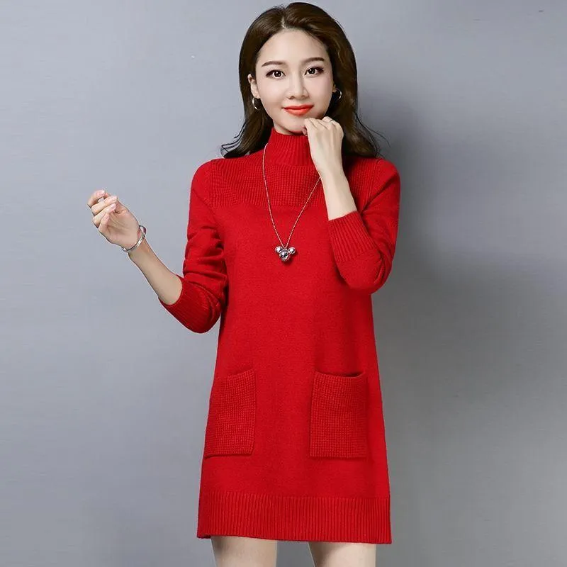 Autumn and Winter Long Solid Color Dress Half High Neck Slim Long Sleeve Sweater Fashion Solid Color Female Base Dress