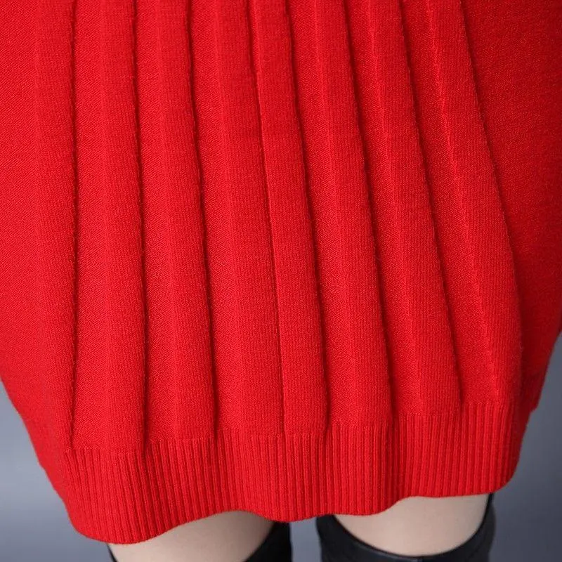Autumn and Winter Long Solid Color Dress Half High Neck Slim Long Sleeve Sweater Fashion Solid Color Female Base Dress