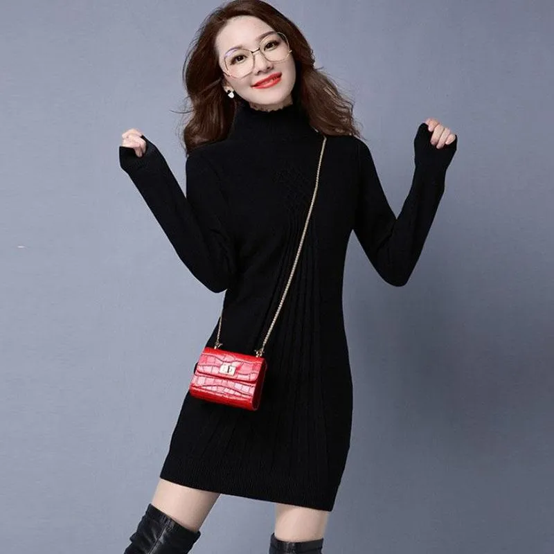 Autumn and Winter Long Solid Color Dress Half High Neck Slim Long Sleeve Sweater Fashion Solid Color Female Base Dress