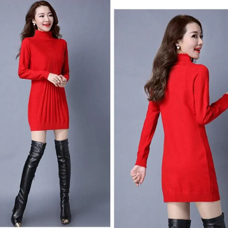 Autumn and Winter Long Solid Color Dress Half High Neck Slim Long Sleeve Sweater Fashion Solid Color Female Base Dress