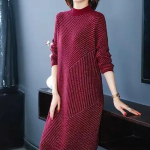 Autumn and Winter Mid-length Plus Size Base Skirt Over The Knee Half Turtleneck Sweater Skirt Middle-aged Women Sweater Dress