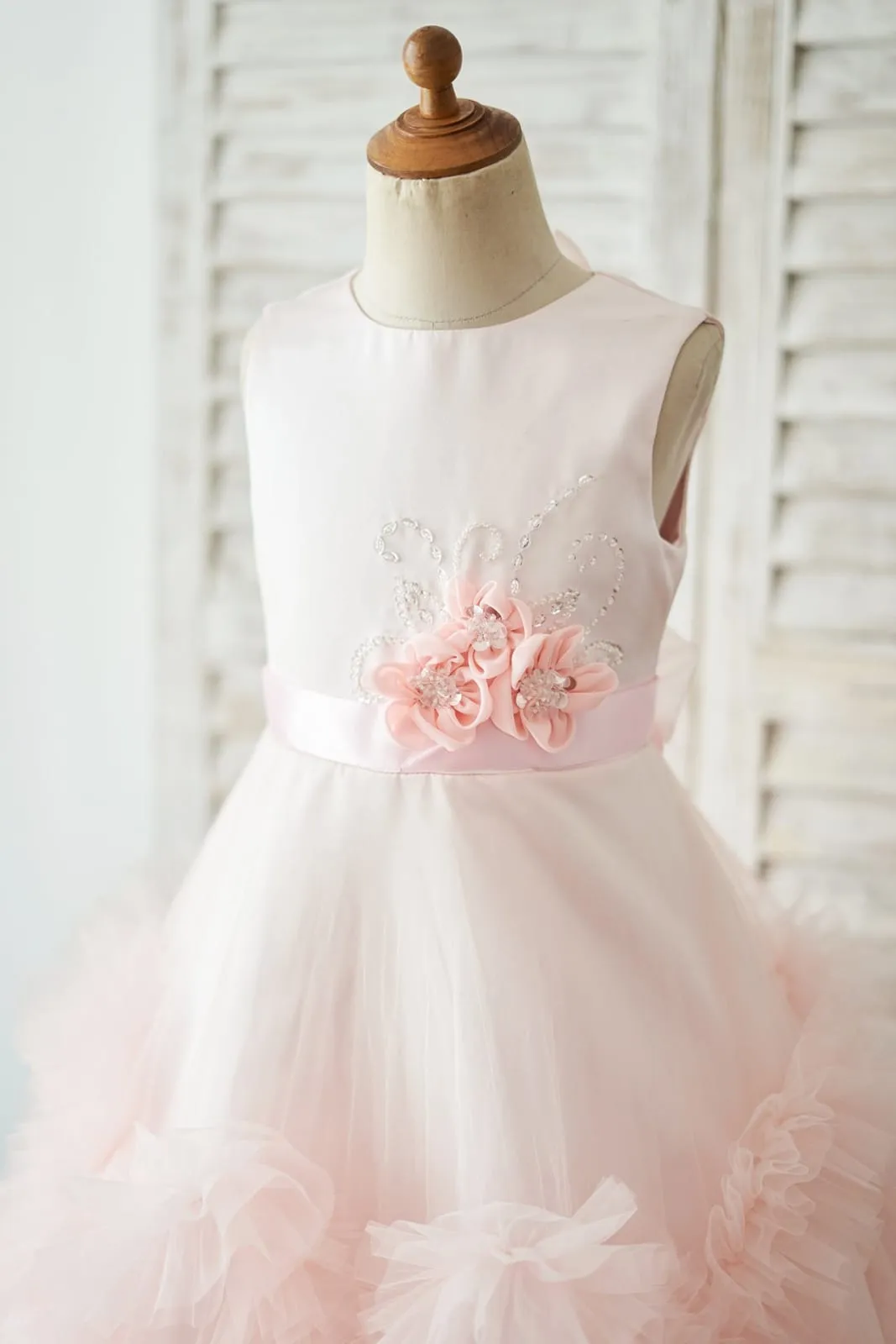 Ball Gown Pink Satin Tulle Keyhole Back Ruffles Wedding Flower Girl Dress