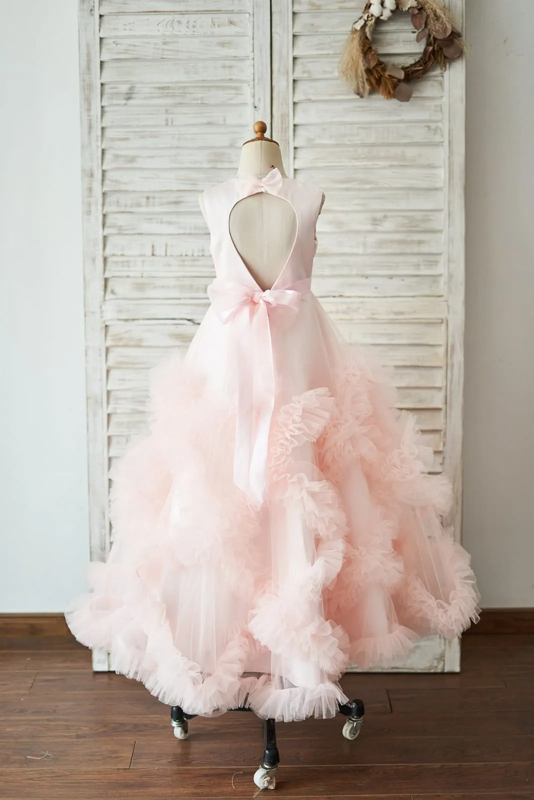 Ball Gown Pink Satin Tulle Keyhole Back Ruffles Wedding Flower Girl Dress