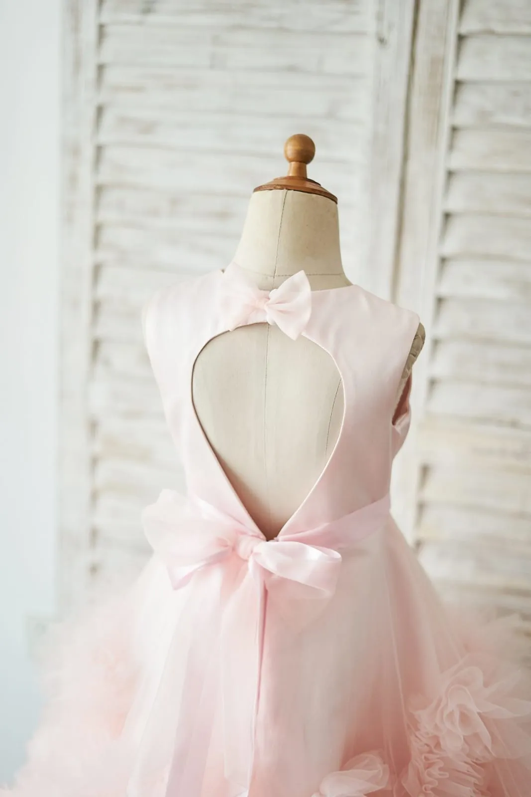 Ball Gown Pink Satin Tulle Keyhole Back Ruffles Wedding Flower Girl Dress
