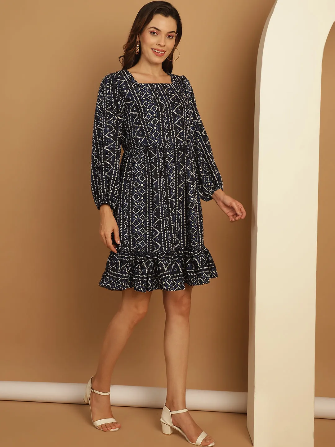 Bandhani Printed Puff Sleeve A-Line Dress-JND-1030