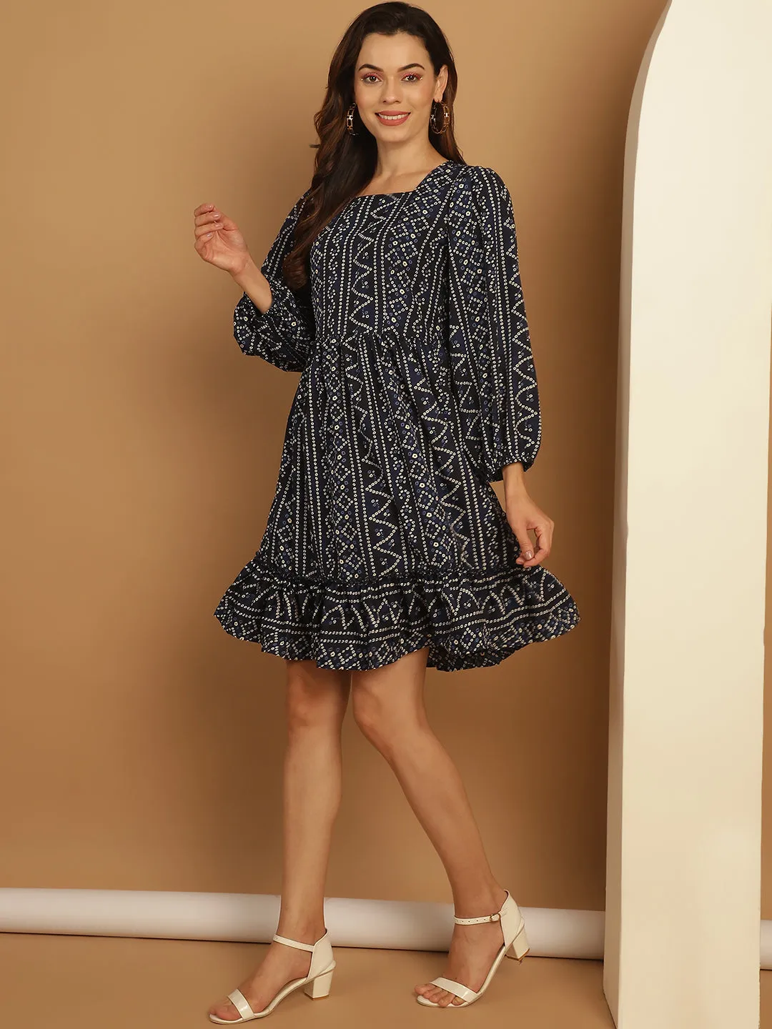Bandhani Printed Puff Sleeve A-Line Dress-JND-1030