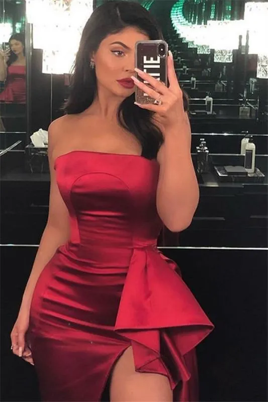 Bateau Sleeveless Ruffle Burgundy Strapless Side-Slit Mermaid Long Prom Dress,MP459