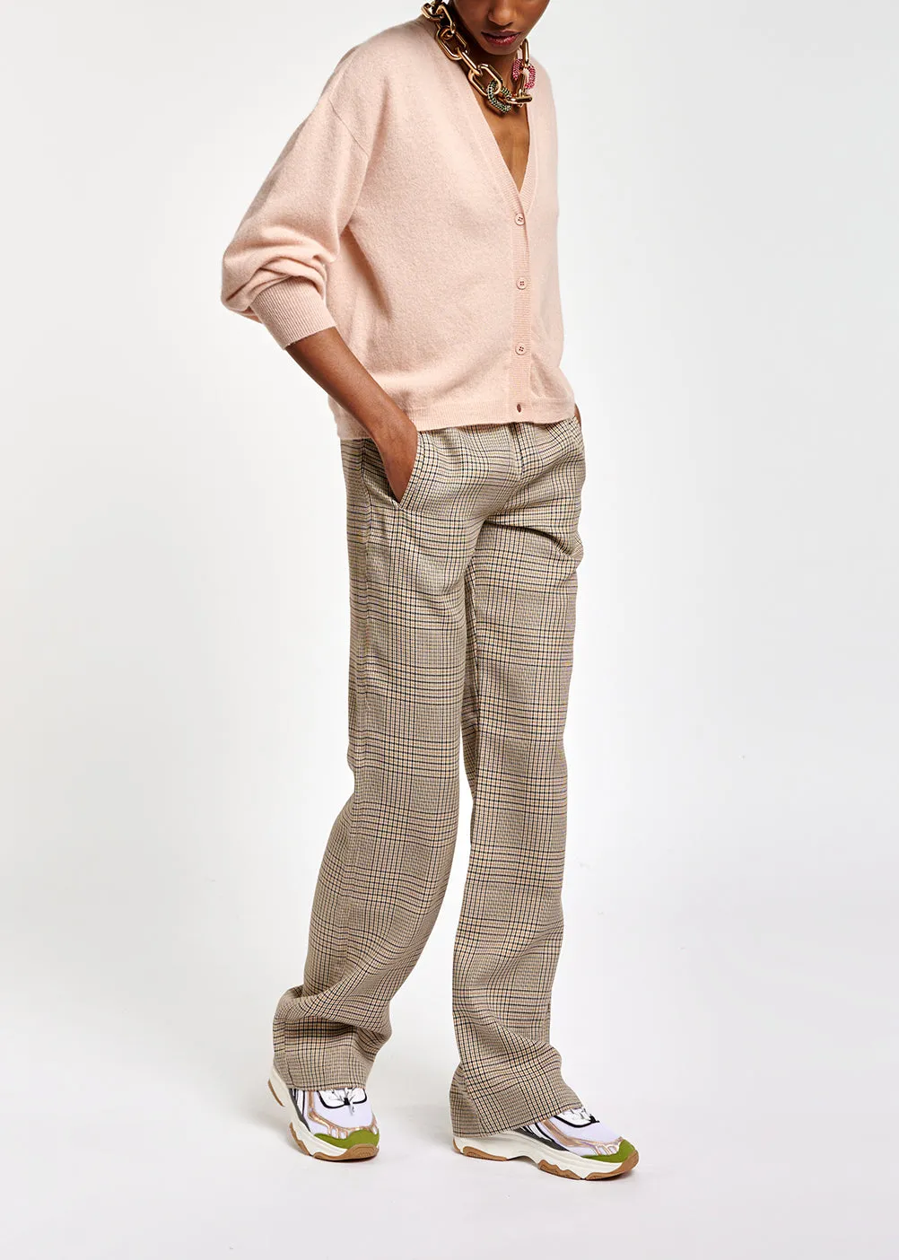 Beige checked wide-leg pants