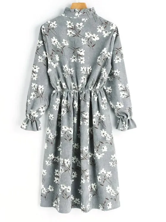 BerryBetty - Cute Floral Print Corduroy Dress