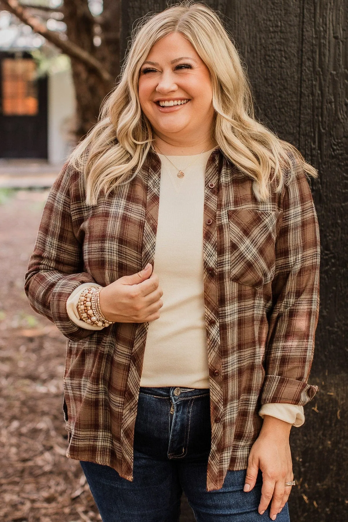 Big Expectations Plaid Button Top- Brown