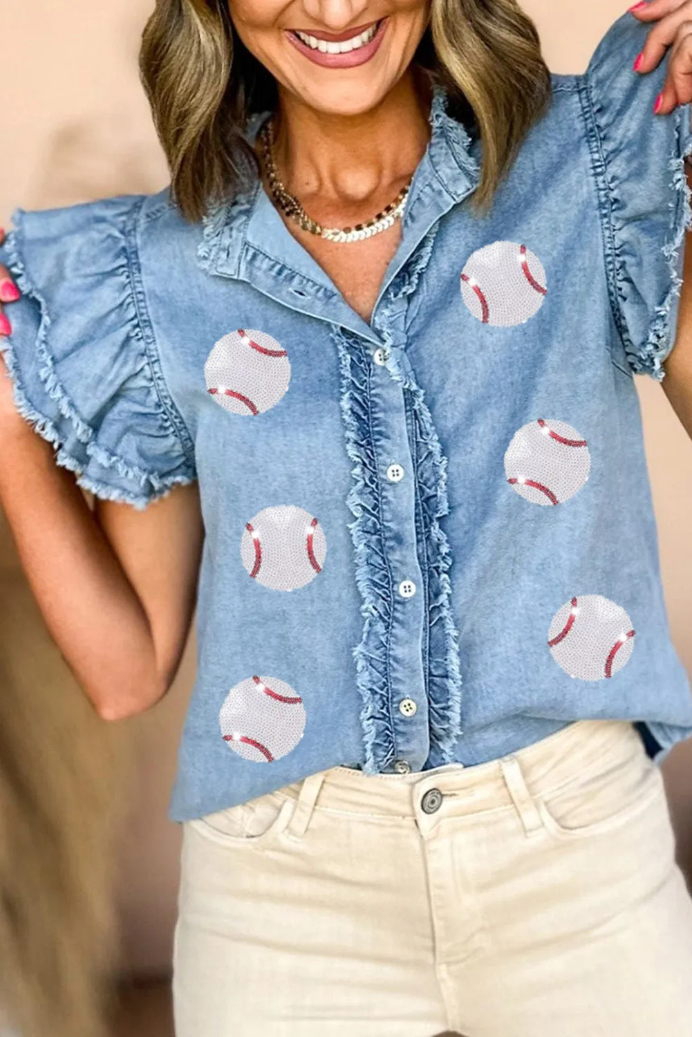 Black Button Front Ruffled Flutter Frayed Denim Top